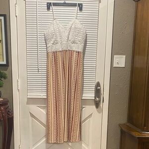 No Boundaries Cream Lace and Brown Striped Midi Dress